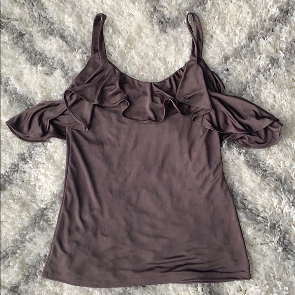 Brown Metallic Ruffle Overlay Cold Shoulder Blouse - Picture 4 of 4